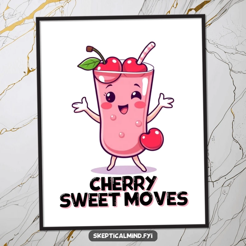 Funny Cherry smoothie character doing a playful dance, offered as a high-resolution digital art print.