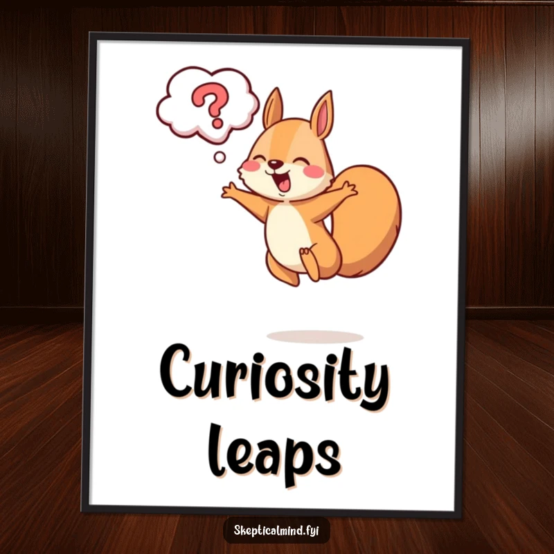 Funny squirrel digital art print of a cheerful squirrel leaping with a question mark cloud above, ready to hang.