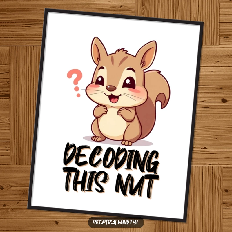 Funny digital art print of a cheerful squirrel squinting with confusion at a miniature, indecipherable symbol, perfect for framing.