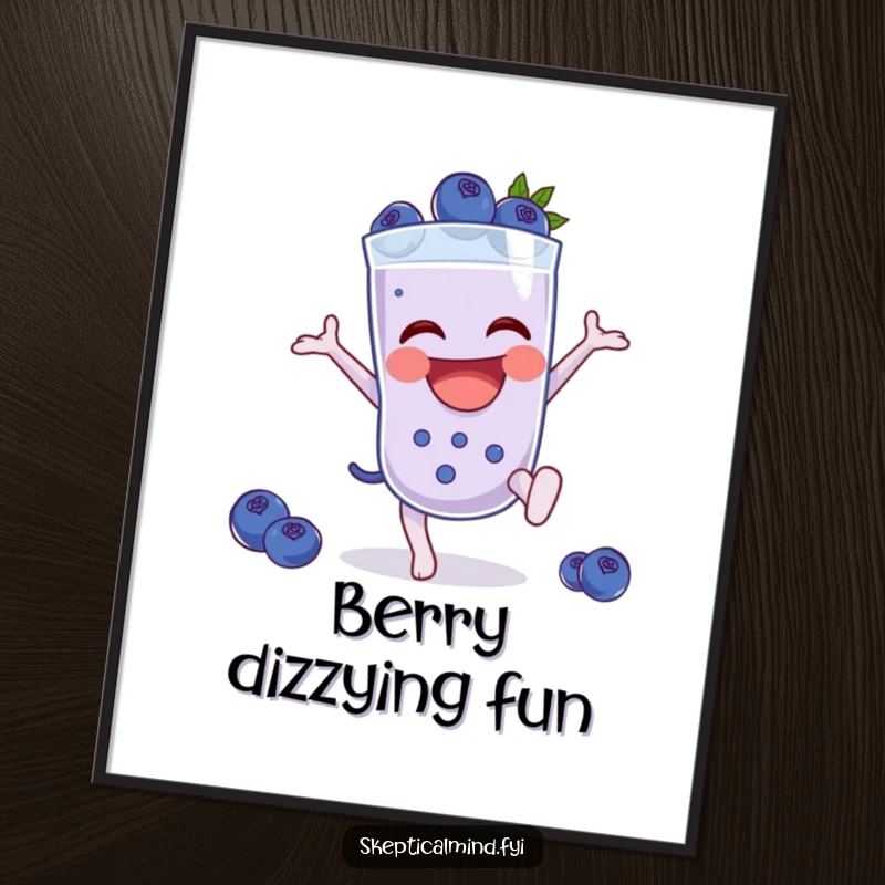 Funny Blueberry smoothie character doing a spirited cartwheel, offered as a high-resolution digital art print.