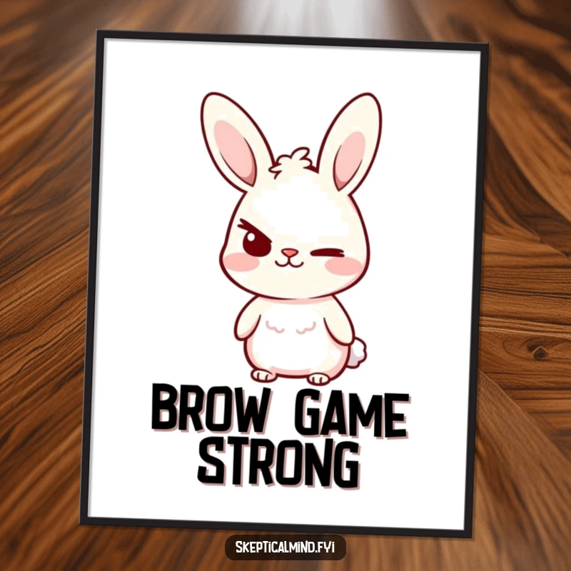 Funny Digital Art Print of a small bunny character raising one eyebrow with a confident smirk, embodying mischief and playful charm.