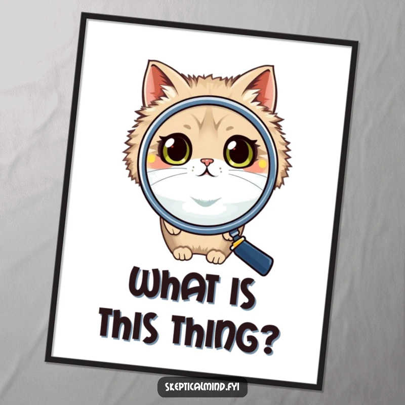 Funny cat digital art print showing a fluffy cat looking through a huge magnifying glass, its wide, questioning eyes full of playful humor and mystery.