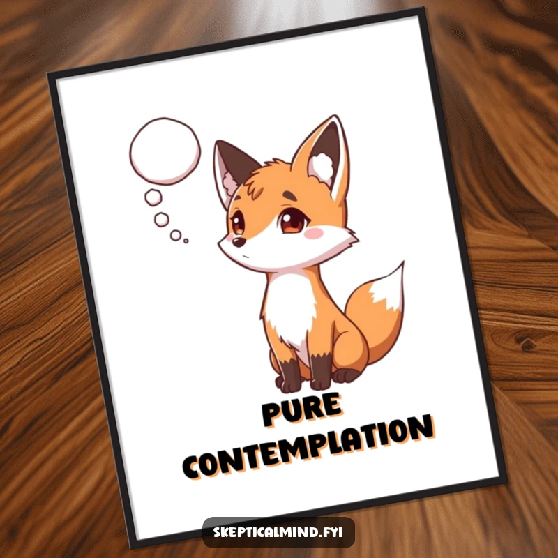 Funny digital art print: A curious fox with one eyebrow raised, intently observing a hovering thought bubble, symbolizing contemplation.