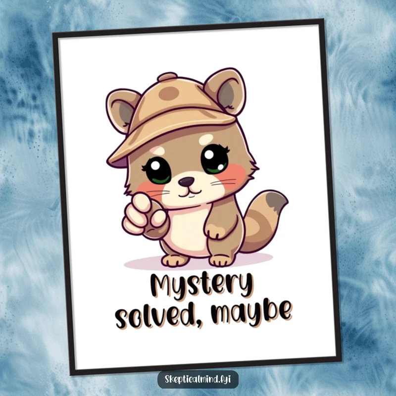 Funny Kawaii animal wearing a deerstalker hat, pointing an accusatory paw, rendered as a high-resolution digital art print for instant wall decor.