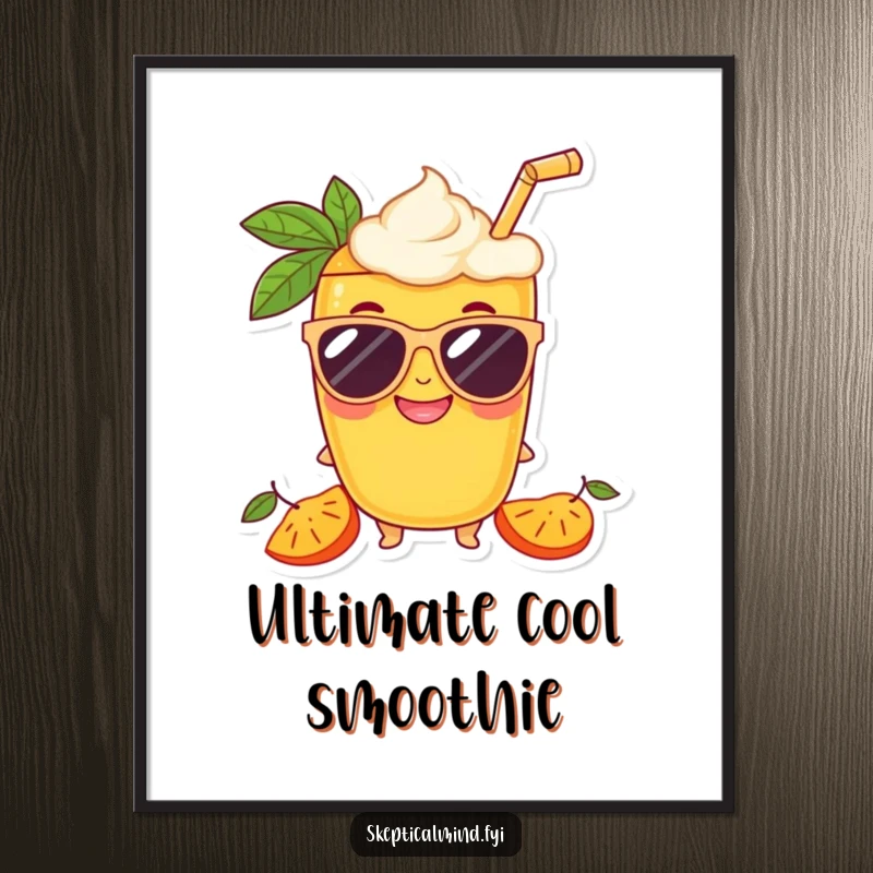 Funny Mango smoothie character wearing oversized sunglasses and a grin, offered as a high-resolution digital art print.