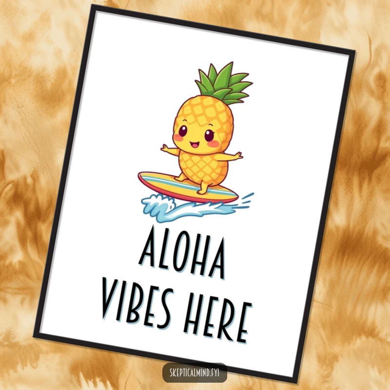 Funny pineapple smoothie character enthusiastically surfing on a small surfboard, available as a downloadable digital art print.