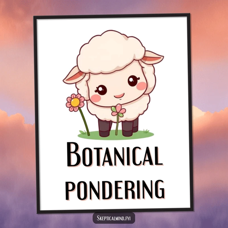 Funny digital art print of a quizzical sheep with an inquisitive expression sniffing a flower.