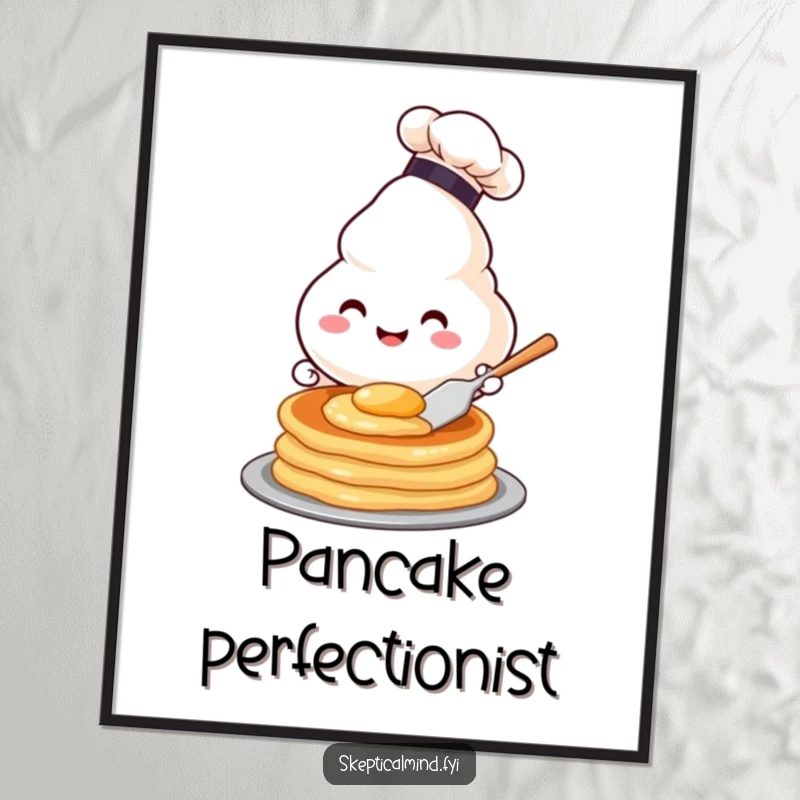 Funny digital art print of a happy sour cream dollop character in a chef hat flipping a pancake, symbolizing humorous cooking.
