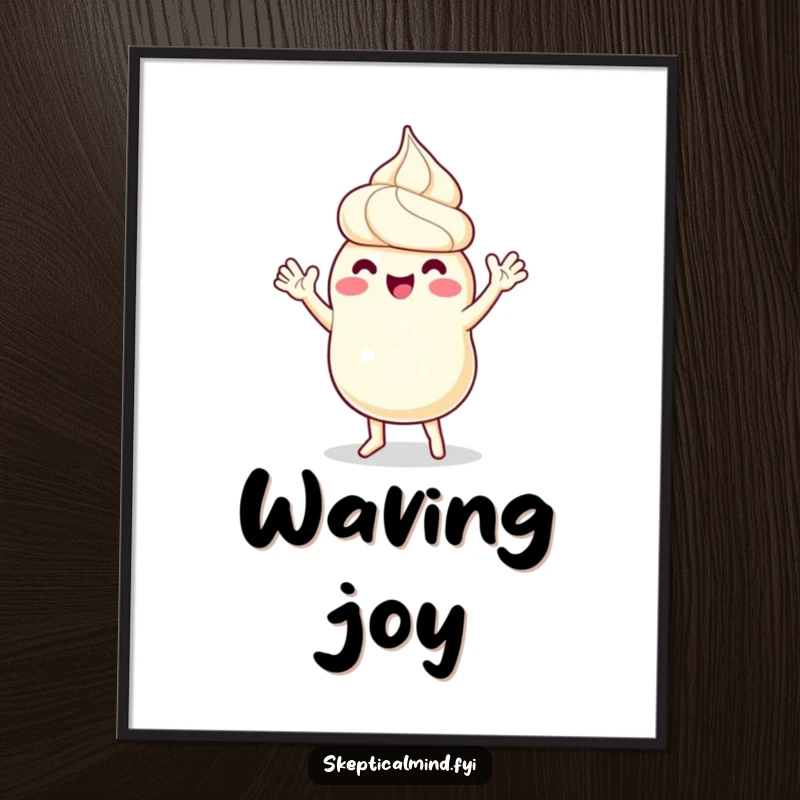 Funny digital art print of a sour cream character in a joyful dance, with tiny arms waving enthusiastically, radiating pure happiness.