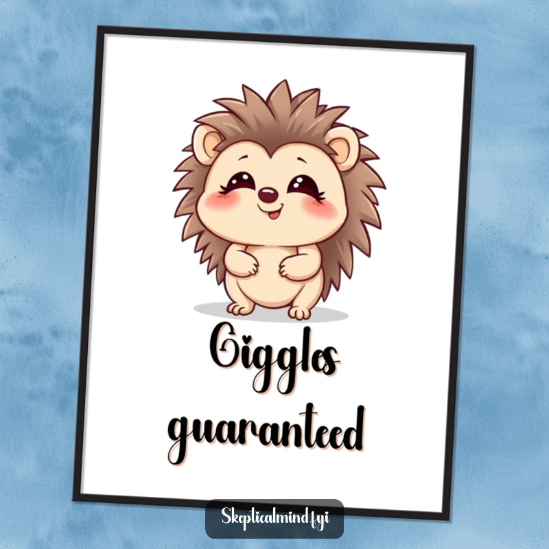 Funny hedgehog digital art print of a giggling character looking up with a playful glint, instant download.