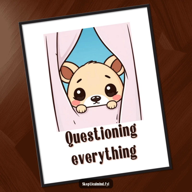 Funny digital art print of a kawaii animal peeking from behind a curtain, its wide, doubtful eyes conveying relatable humor and charming uncertainty.