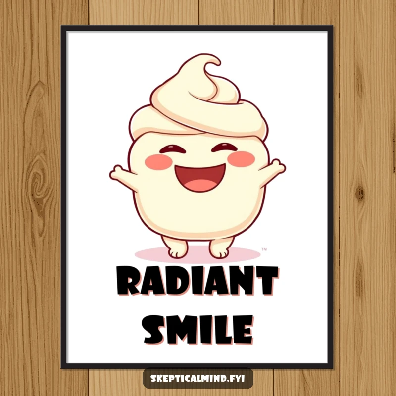 Funny digital art print of a beaming sour cream character with an enormous, joyful smile, radiating happiness and creamy goodness.