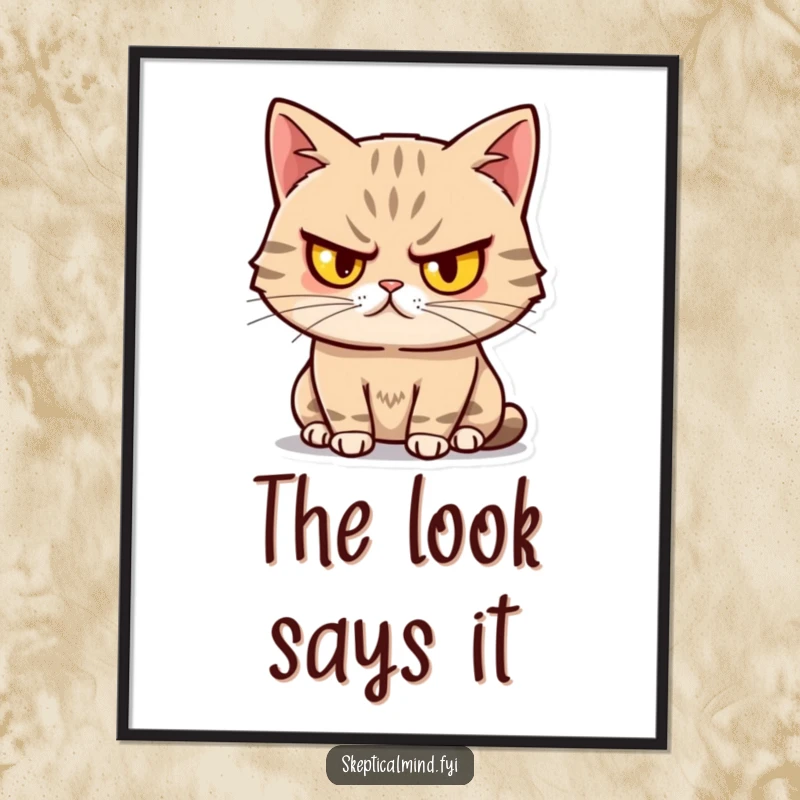 Funny Sassy Cat Digital Art Print showing a cat with one eyebrow raised, looking unimpressed yet amused, humorous wall decor piece.