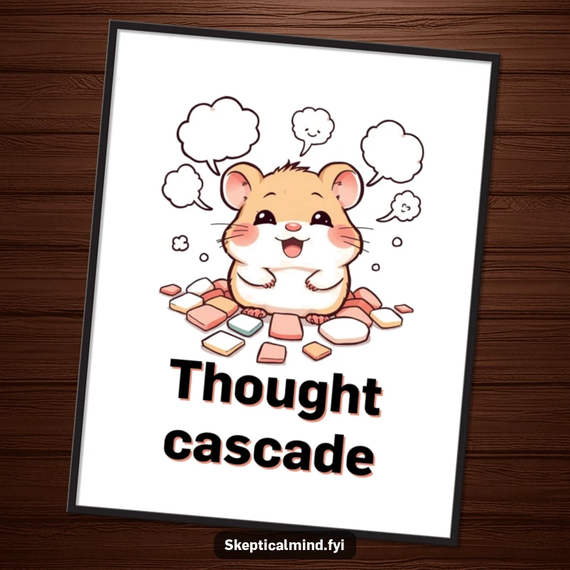 Funny digital art print of a giggling hamster peeking from scattered thought bubbles, representing creative brainstorming.
