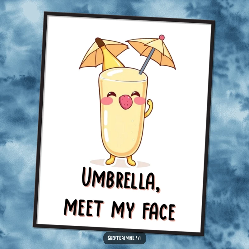 Funny Banana smoothie character blowing a raspberry on a tiny umbrella, offered as a high-resolution digital art print.
