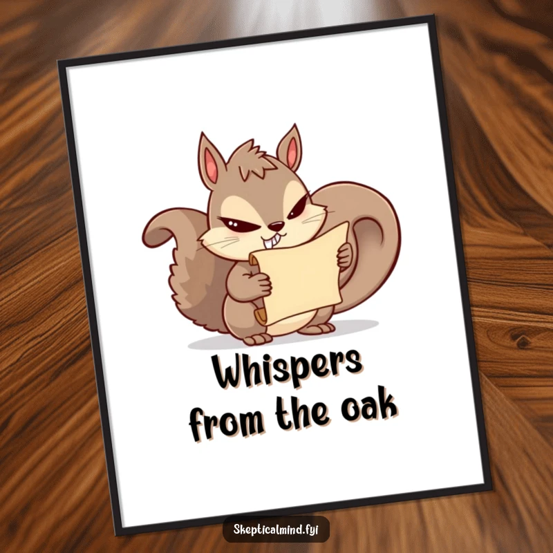 Funny squirrel digital art print of a mischievous squirrel slyly holding a secret scroll, ready to add humor.
