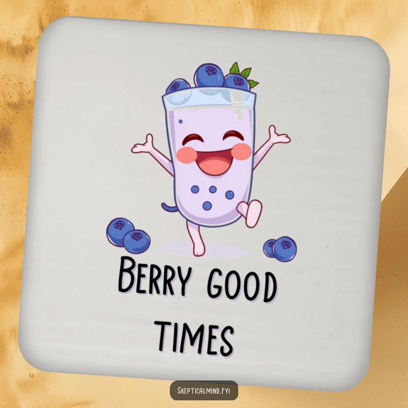 Funny Blueberry smoothie character doing a cartwheel, featured on a protective and funny drink coaster.