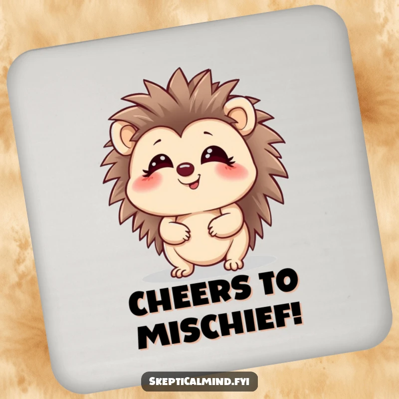 Funny hedgehog coaster showing a giggling character looking up with a playful glint, perfect for surface protection.