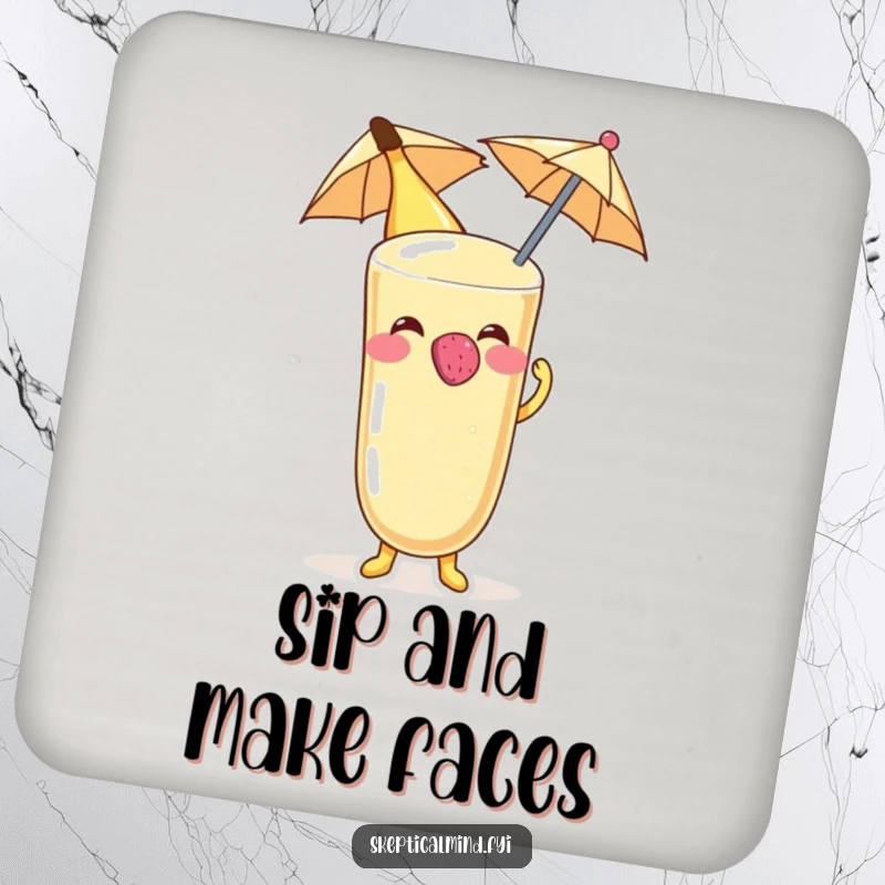 Funny Banana smoothie character blowing a raspberry on a tiny umbrella, showcased on a protective drink coaster.