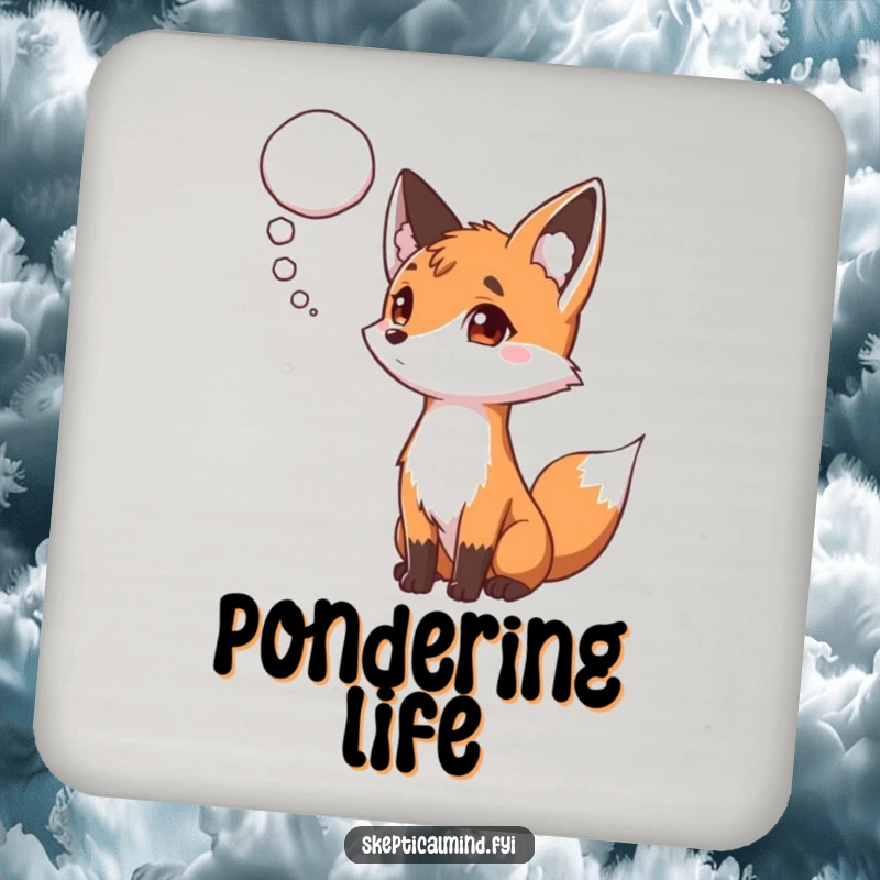 Funny drink coaster with a curious fox with a raised eyebrow, watching a thought bubble, adding humor to your coaster needs.
