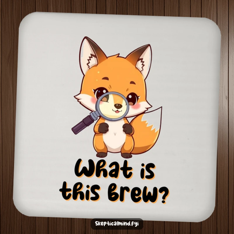 Funny Drink Coaster with a curious fox character examining a tiny glowing object with a magnifying glass, perfect for adding intrigue.