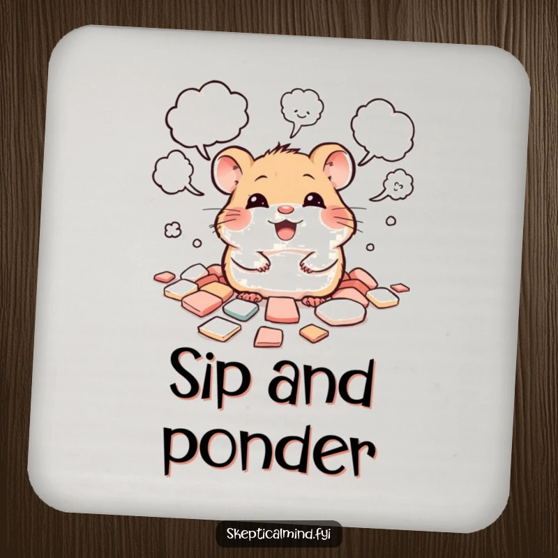 Funny drink coaster featuring a giggling hamster peeking from scattered thought bubbles, symbolizing creative thoughts.