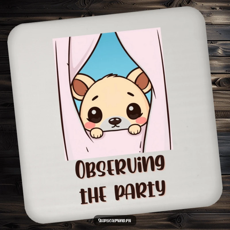 Funny drink coasters featuring kawaii animals cautiously peeking from behind a curtain, adding a touch of humorous doubt to protect your surfaces.