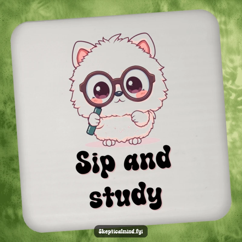 Funny coaster featuring a fluffy Kawaii animal with large glasses, using a magnifying glass with a questioning expression. Protects furniture.