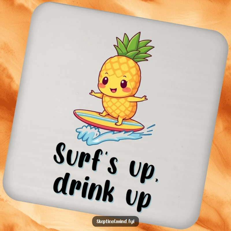 Funny pineapple smoothie character surfing on a small surfboard, protecting your table with tropical flair on this coaster.