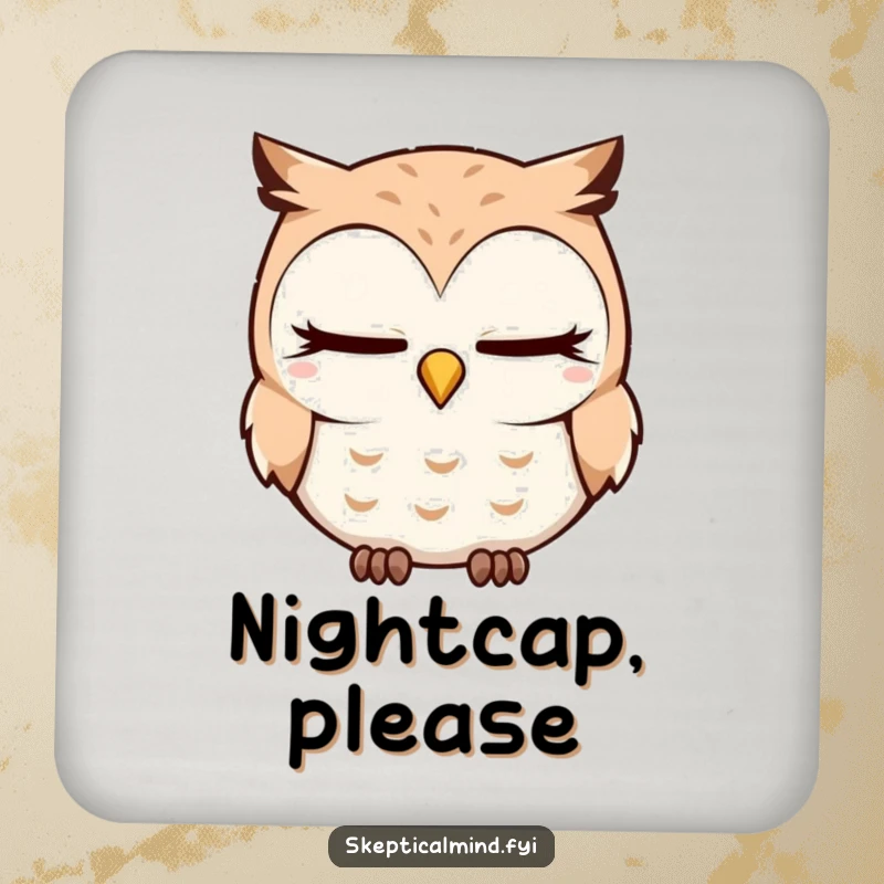 Funny Drink Coaster with a sleepy owl blinking slowly and tilting its head quizzically, perfect for protecting surfaces with style.