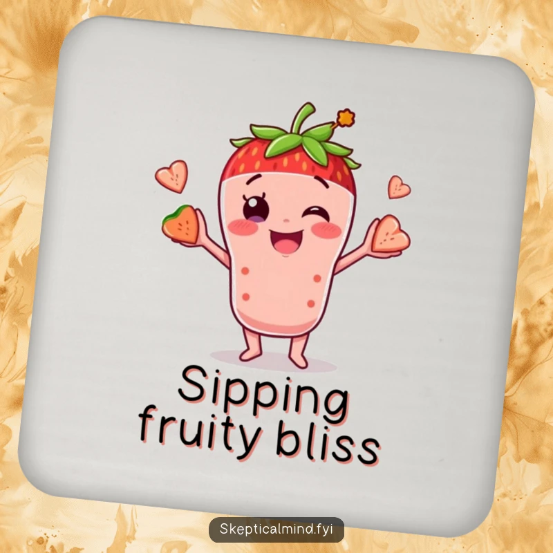 Funny drink coaster featuring a smiling smoothie character juggling fruit pieces, protecting surfaces with a humorous and vibrant design.