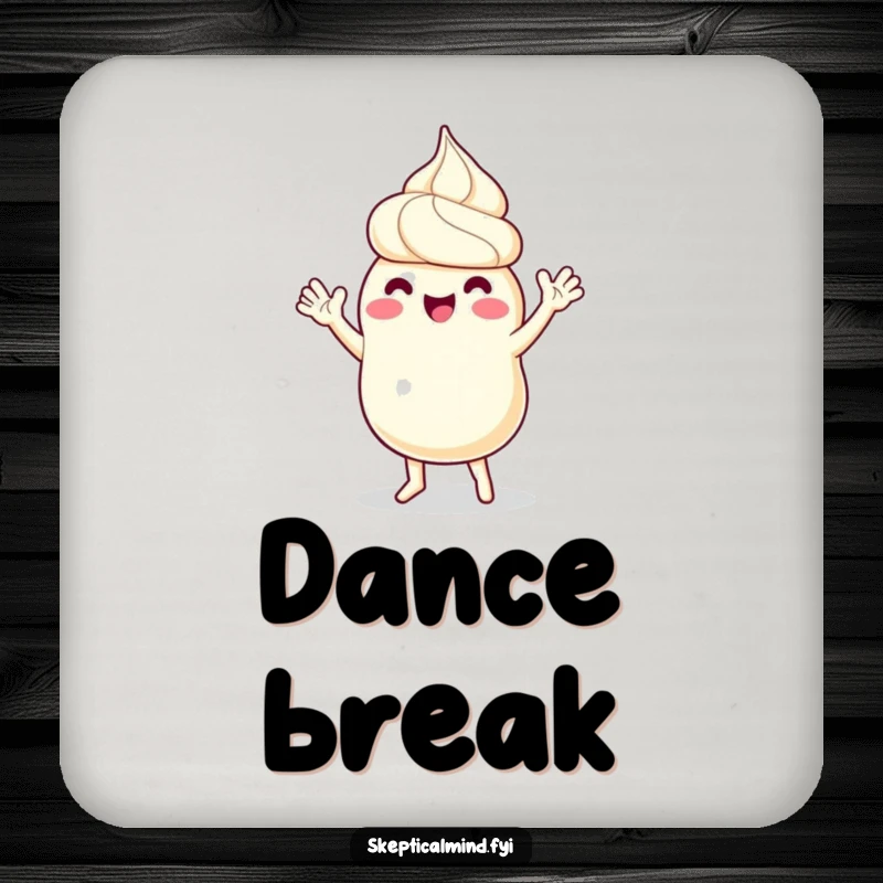 Funny drink coaster depicting a sour cream character in a happy dance, with tiny arms waving, adding a joyful and humorous touch to beverages.