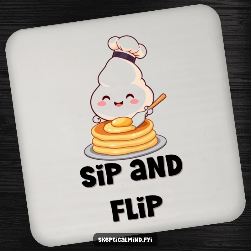Funny coasters featuring a happy sour cream character in a chef hat flipping a pancake, adding humorous protection to surfaces.