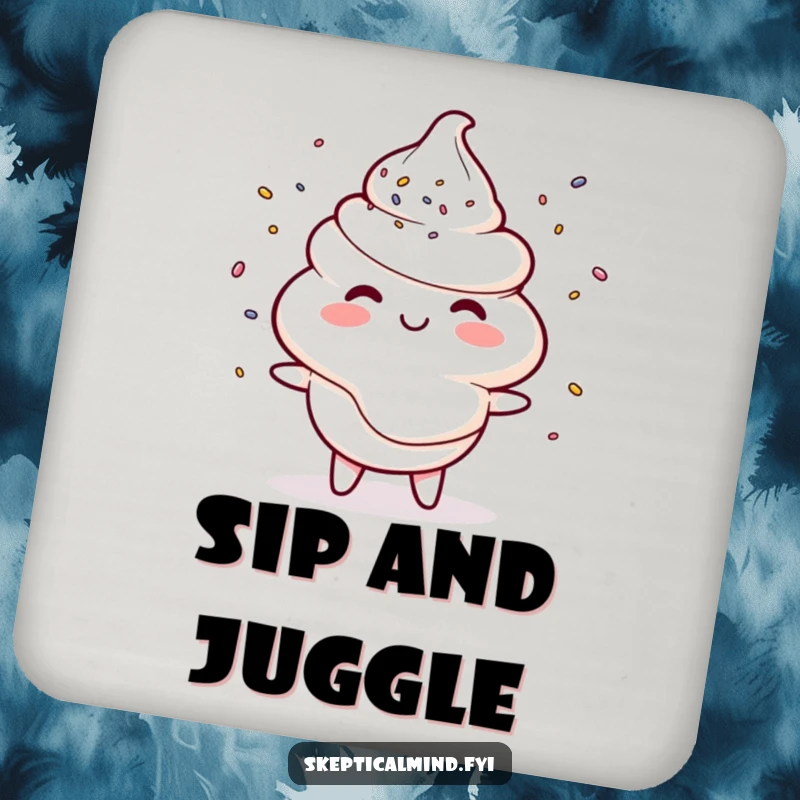 Funny coasters featuring a smiling sour cream character juggling tiny sprinkles, adding humorous protection to surfaces.
