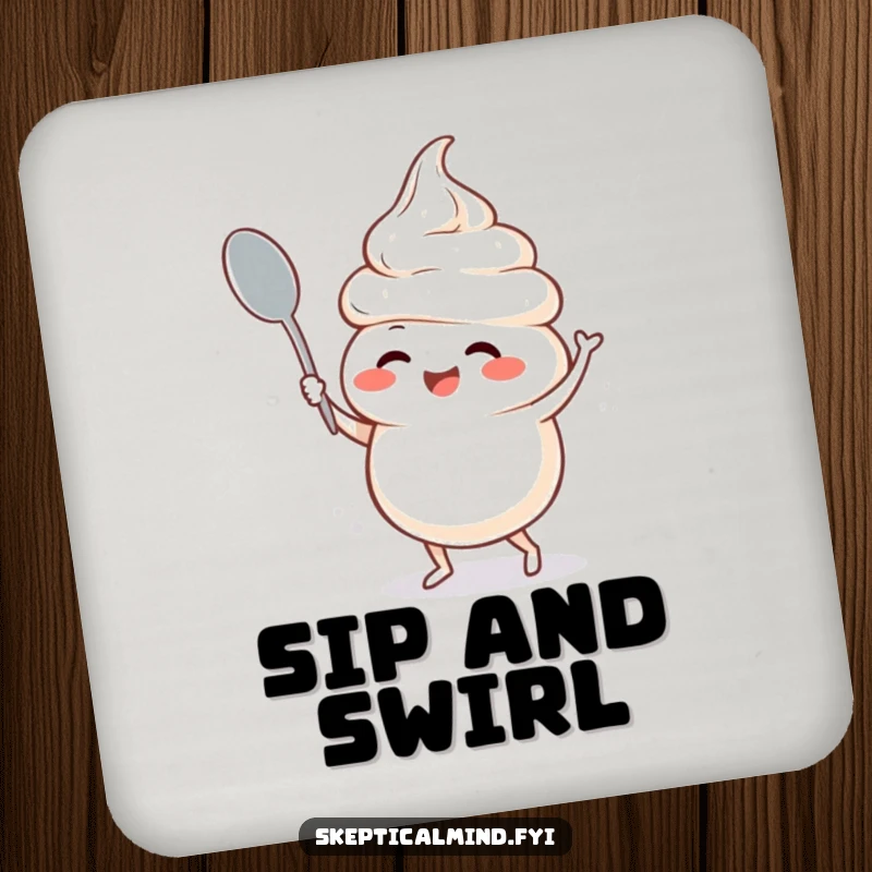 Funny drink coaster with a giggling sour cream character performing a silly spoon dance, adding a humorous touch to beverage service.
