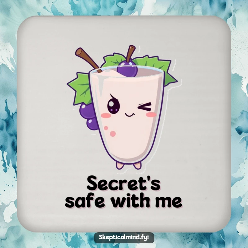 Funny grape smoothie character giving a mischievous wink, offering playful protection on this drink coaster.
