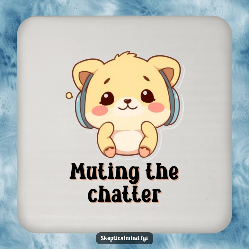 Funny drink coasters featuring a kawaii animal wearing earmuffs, shaking its head at a whisper, offering humorous protection for surfaces.