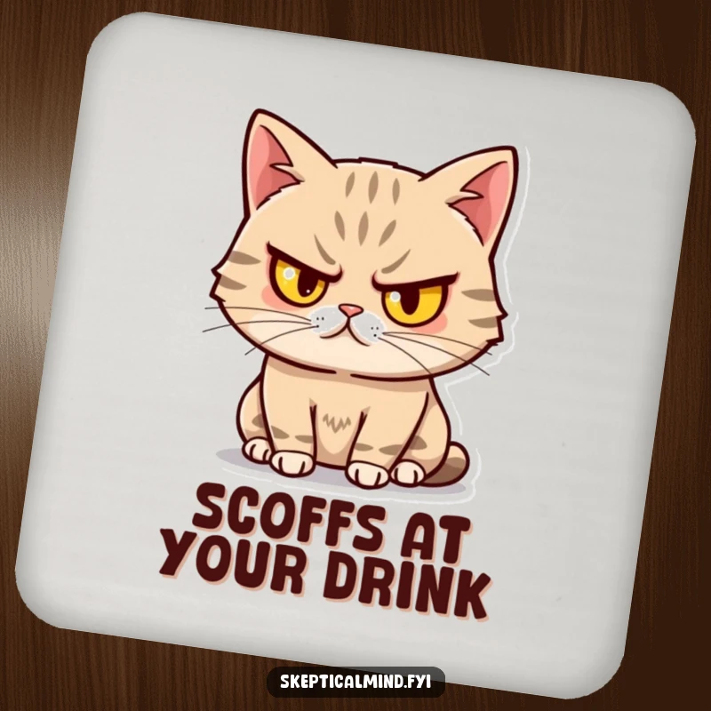 Funny Sassy Cat Drink Coaster featuring a cat with one eyebrow raised, looking unimpressed yet amused, a humorous and protective accessory.