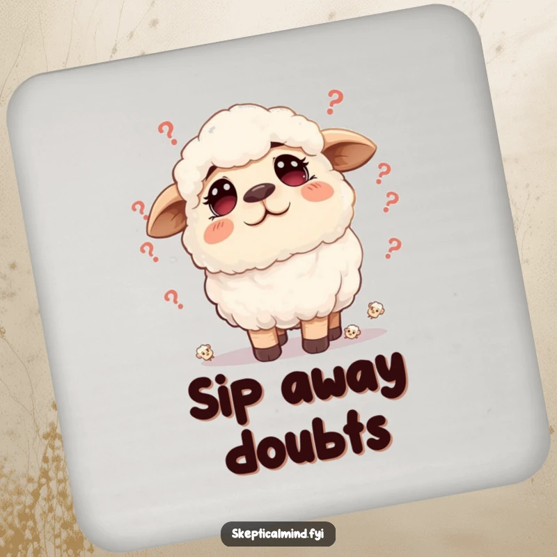 Funny sheep drink coaster with a fluffy sheep having a furrowed brow surrounded by tiny doubts, protecting surfaces with humor.