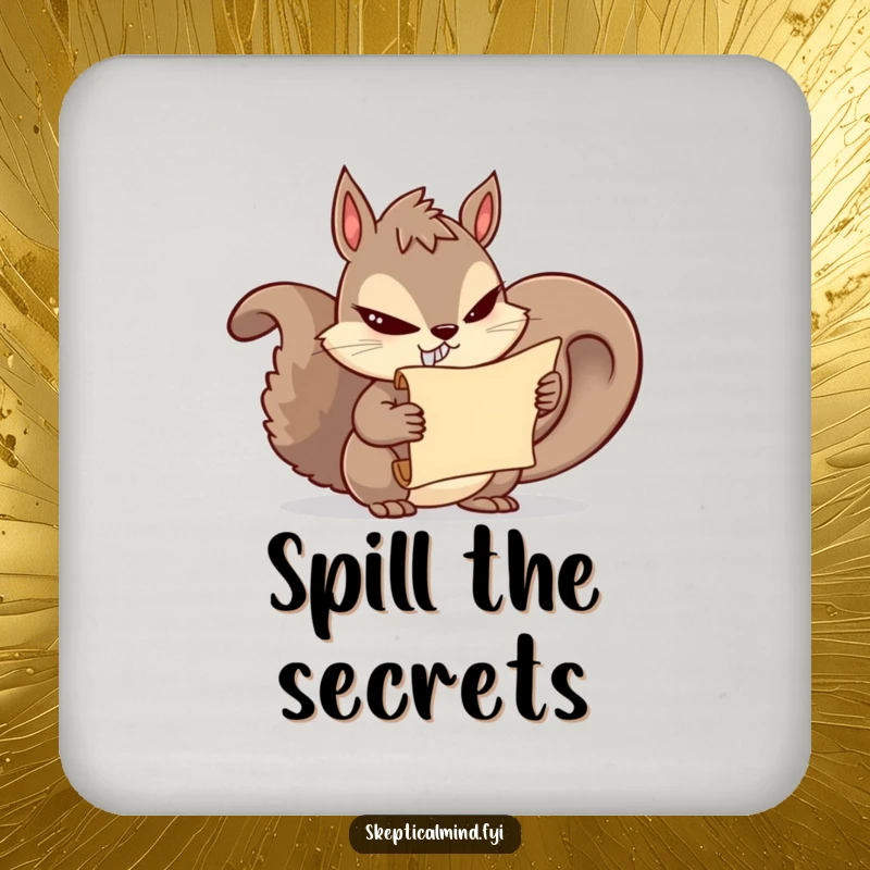 Funny squirrel drink coaster with a mischievous squirrel holding a secret scroll, protecting surfaces with humor.