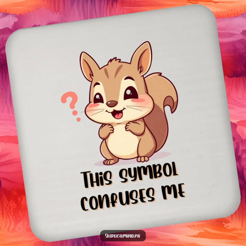 Funny drink coaster with a cheerful squirrel squinting at a tiny, confusing symbol, offering humorous protection for surfaces.