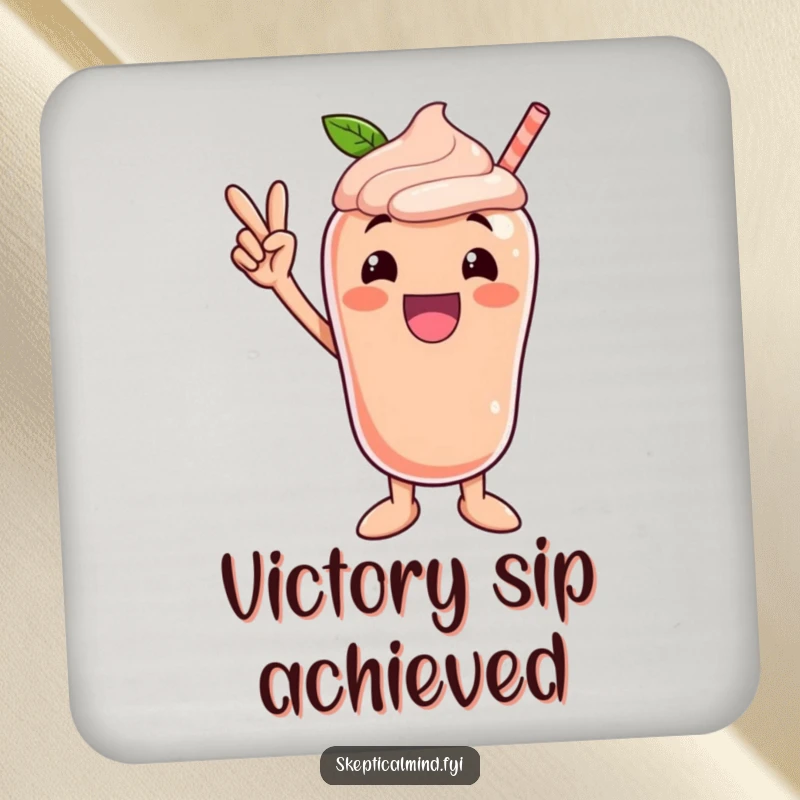 Funny drink coaster featuring an excited peach smoothie character striking a victory pose, protecting surfaces with triumphant humor.