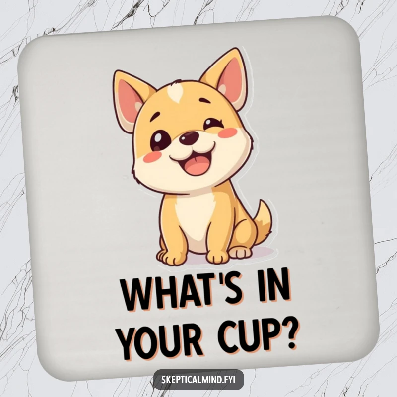 Funny dog coaster showing a happy puppy tilting its head, expressing confusion, perfect for protecting surfaces.