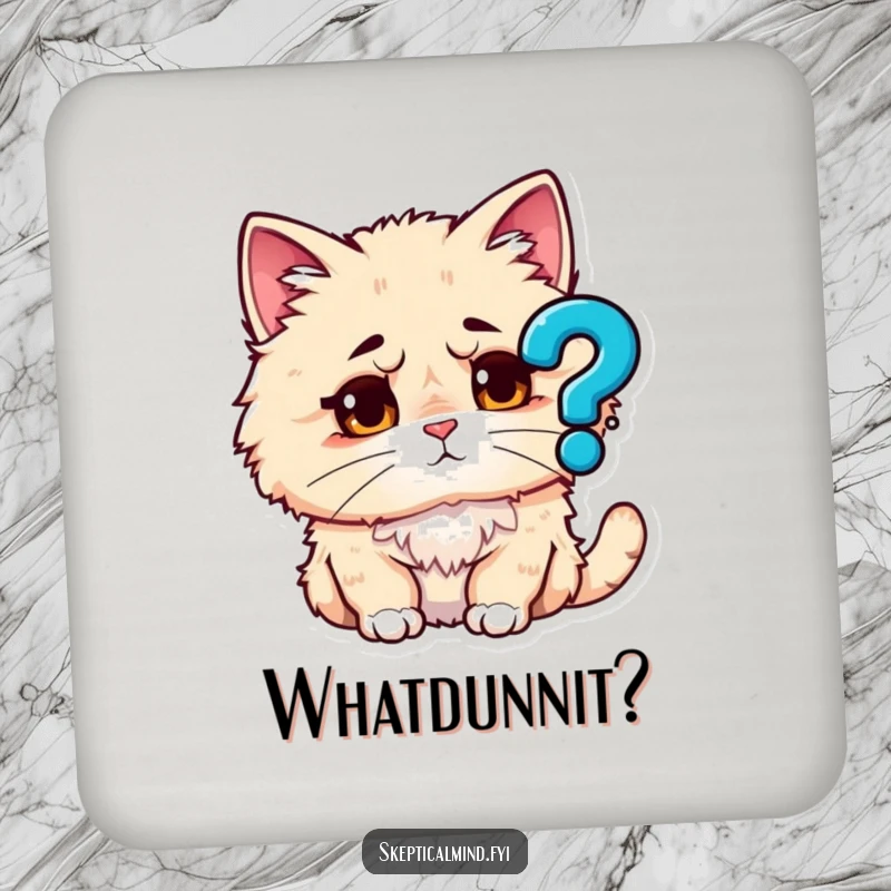 Funny drink coaster with a fluffy cat looking confused at a question mark icon, adding humor to your drink station.