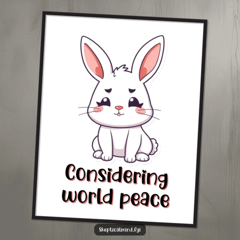 Funny bunny poster showing a perky rabbit with ears perked, head cocked, and furrowed brows, symbolizing deep contemplation.