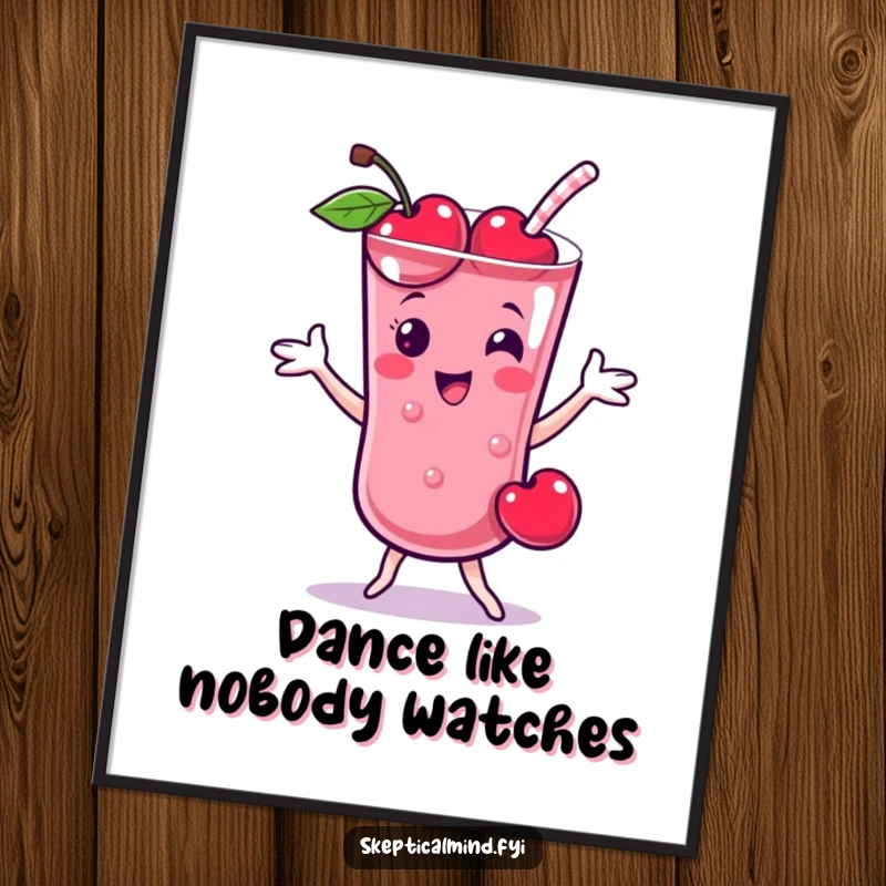 Funny Cherry smoothie character doing a playful dance, presented as cheerful wall art poster.