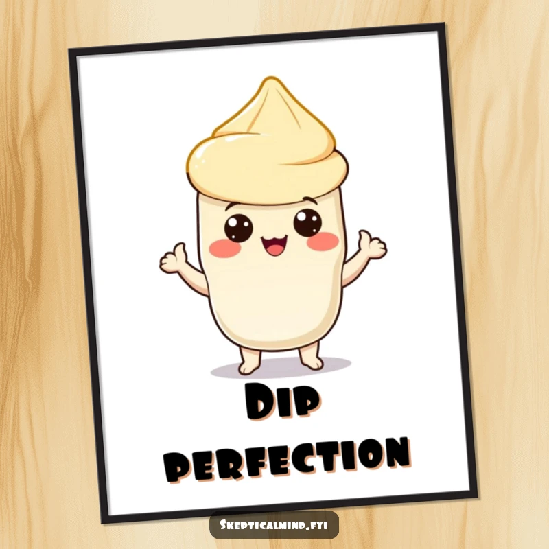 Funny poster artwork of a proud sour cream character presenting a single chip, exuding joy and snack-related humor for wall decor.