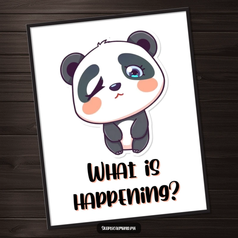 Funny confused panda poster featuring a panda tilting its head with one eyebrow raised in an amusing way.