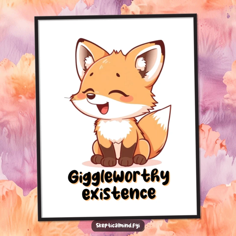 Funny Fox Cub Poster: A giggling fox cub looks at something with bewildered delight, a charming and humorous piece of wall art.