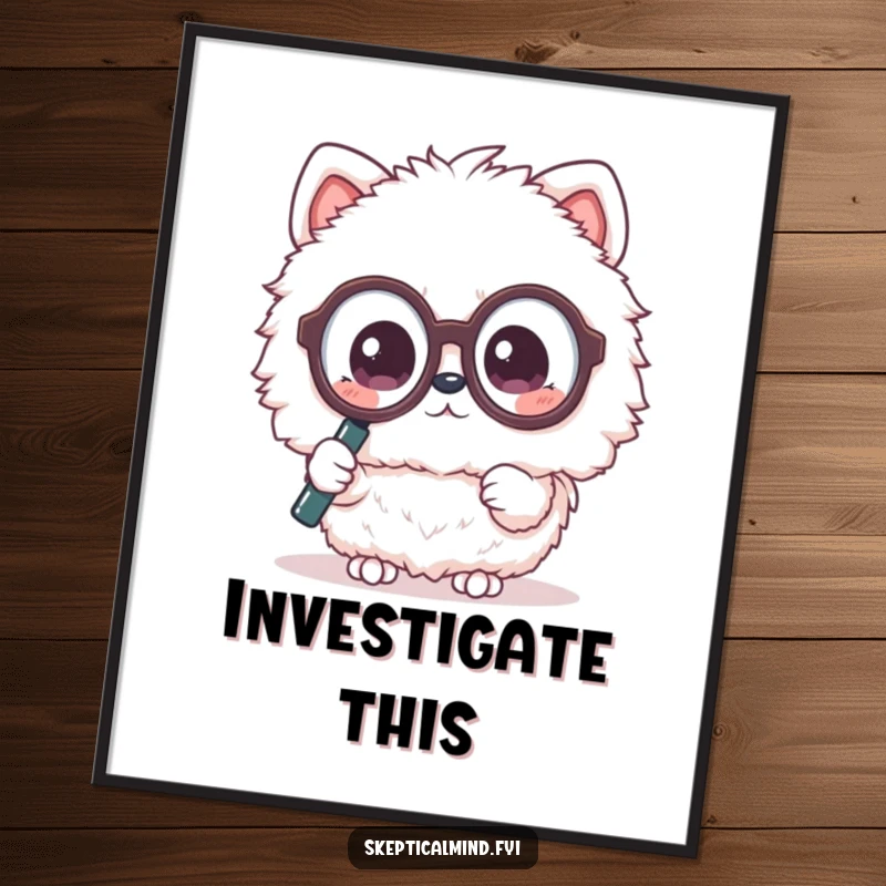 Funny poster of a fluffy Kawaii animal in oversized glasses, peering through a magnifying glass with a questioning expression. Mystery art.
